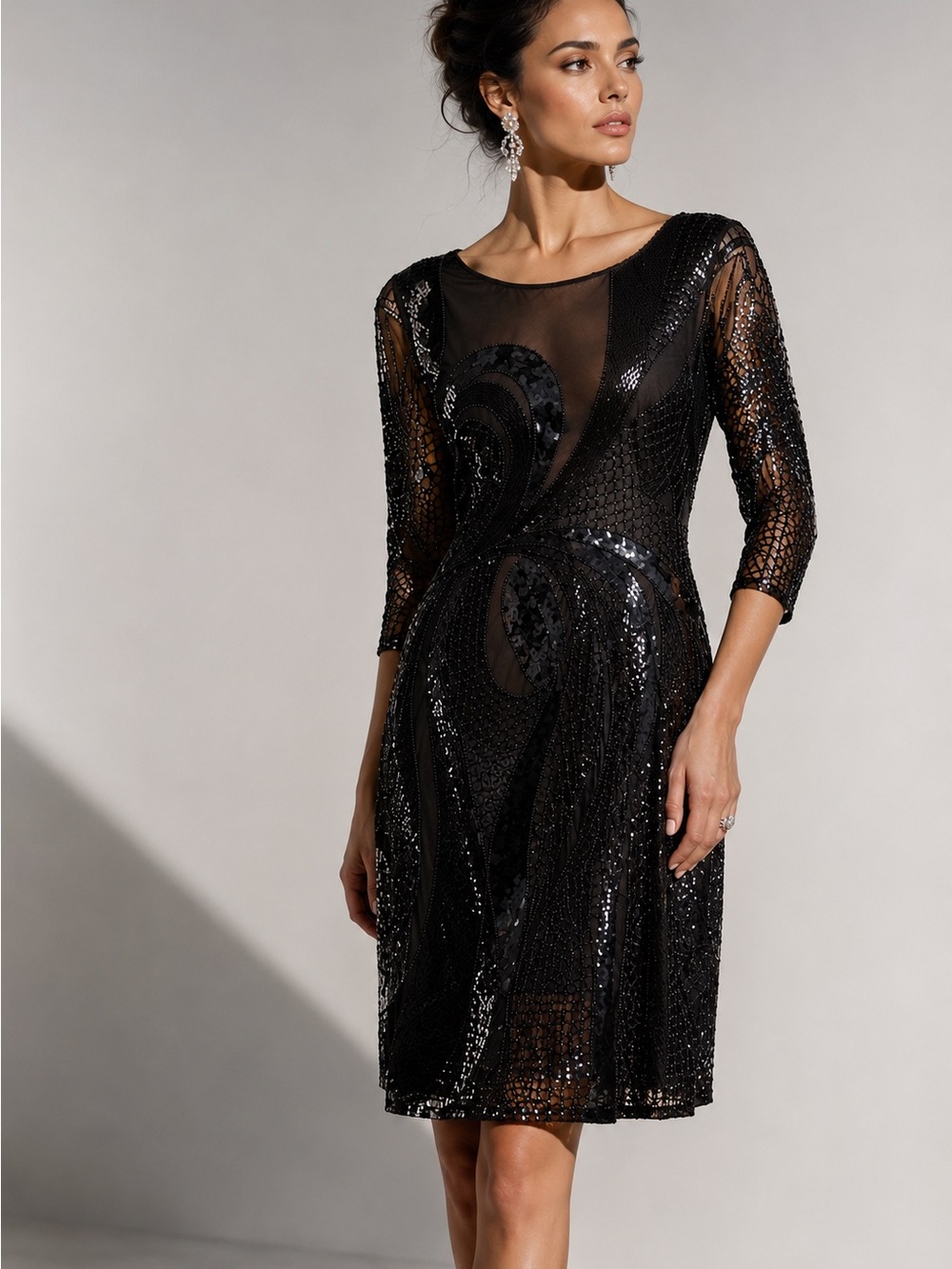 Alberto Makali Black Sequin Mesh Midi Dress